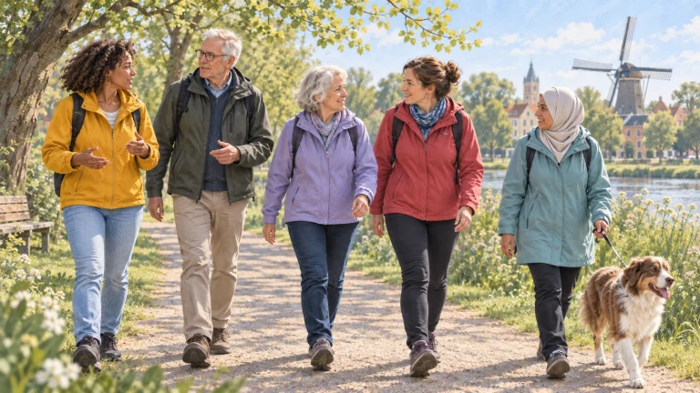 Buurtgenoten wandelen samen in het park